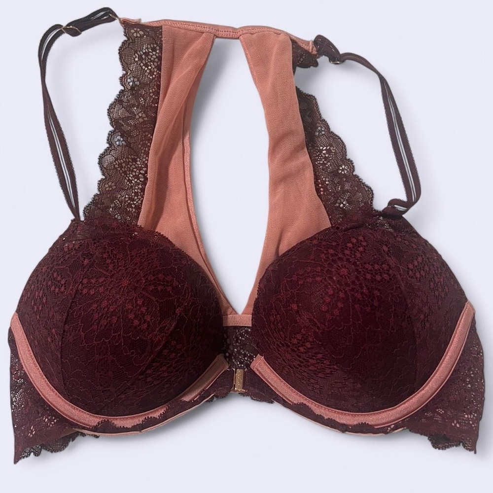 VS PINK Lace t back padded bralette in Purple/Burgundy color and pink